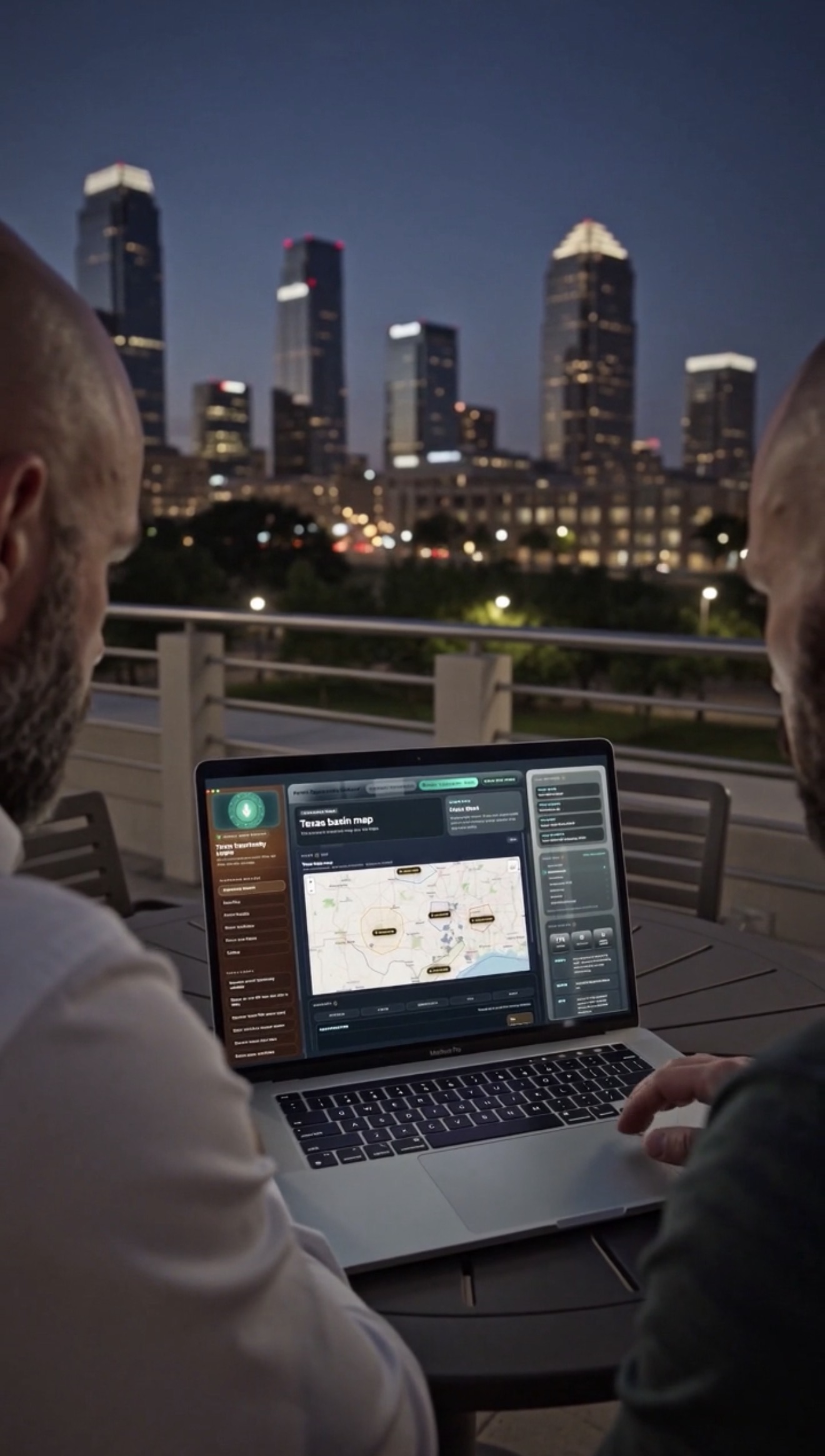 Matthew and a collaborator reviewing a Land Grabber workflow on a laptop