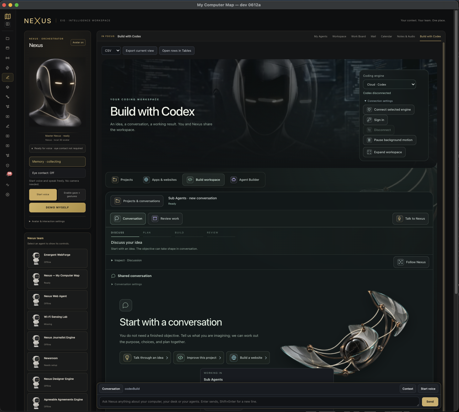 Nexus coding workspace development screenshot; Codex shown disconnected