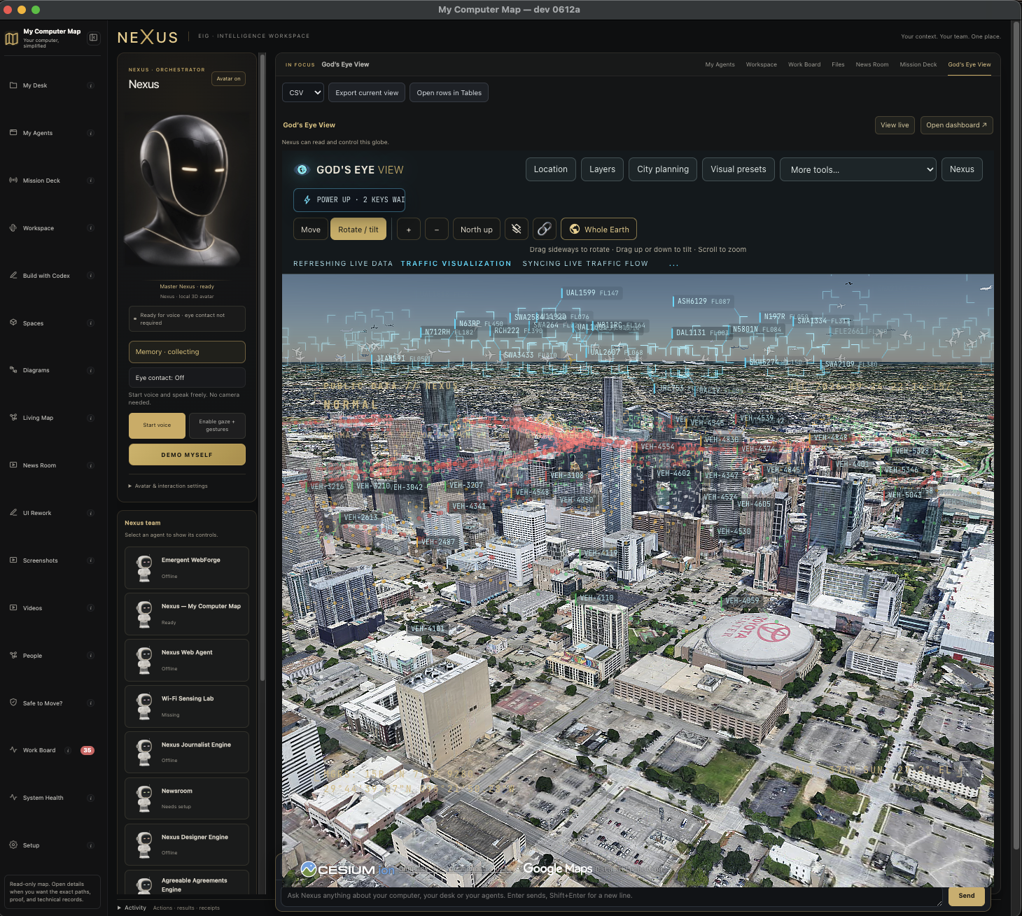 Nexus God’s Eye View development screenshot showing Houston and traffic visualization overlays
