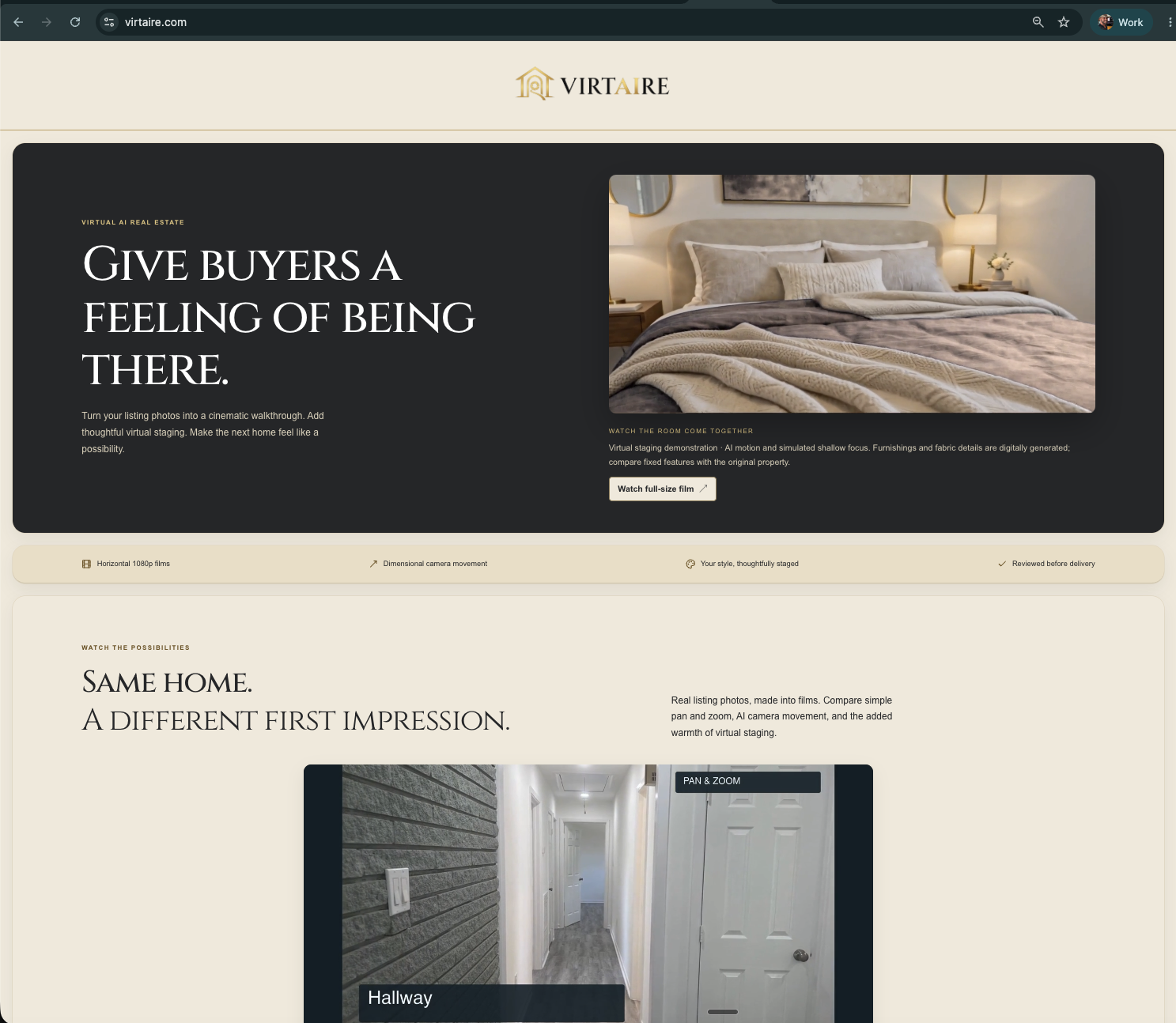 Virtaire website showing its property-film introduction and real estate imagery.